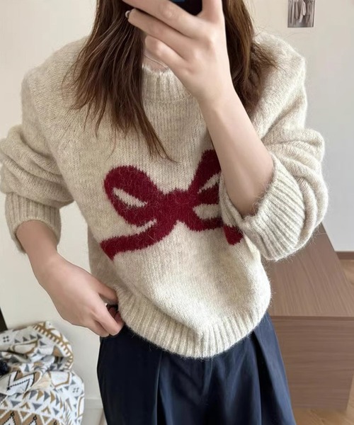 SpRay（スプレイ）の「シェットランドリボンニット（ニット/セーター・レディース・ベージュ/チャコールグレー/グレー・FREE）」の4枚目の写真