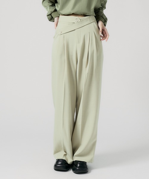 Chick（チック）の「Double Button High-Waist Wide Slacks / ウエストベルト 2タック ワイドスラックス（スラックス・レディース・グレー/ブラック/ナチュラル・FREE）」の3枚目の写真
