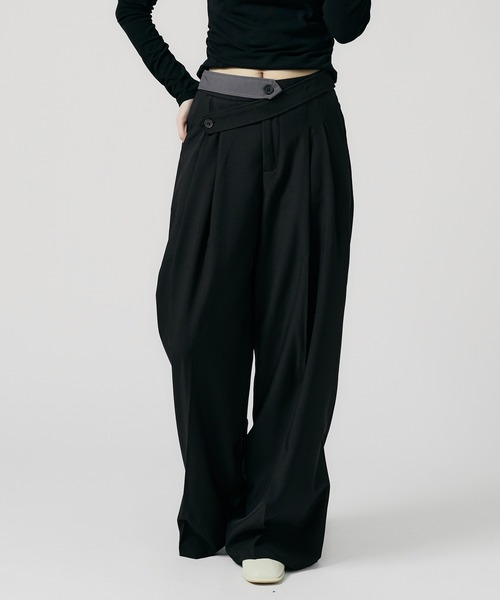 Chick（チック）の「Double Button High-Waist Wide Slacks / ウエストベルト 2タック ワイドスラックス（スラックス・レディース・グレー/ブラック/ナチュラル・FREE）」の2枚目の写真
