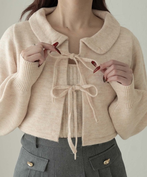 Ambre Neige(アンブルネージュ)の「キャミ×リボンニットカーディガンセット/WEB/EC限定商品(カーディガン/ボレロ・レディース・アイボリー/ピンク系その他/ライトグレー・FREE)」の2枚目の写真