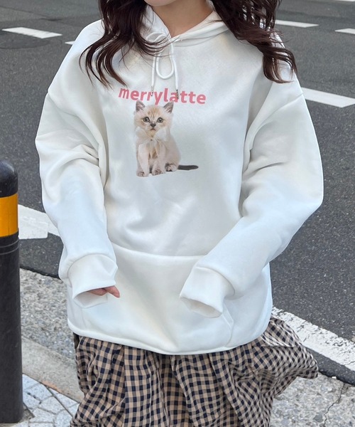 merrylatte(メリーラテ)の「リボンCATパーカー(パーカー・レディース・ホワイト・X-LARGE)」の1枚目の写真