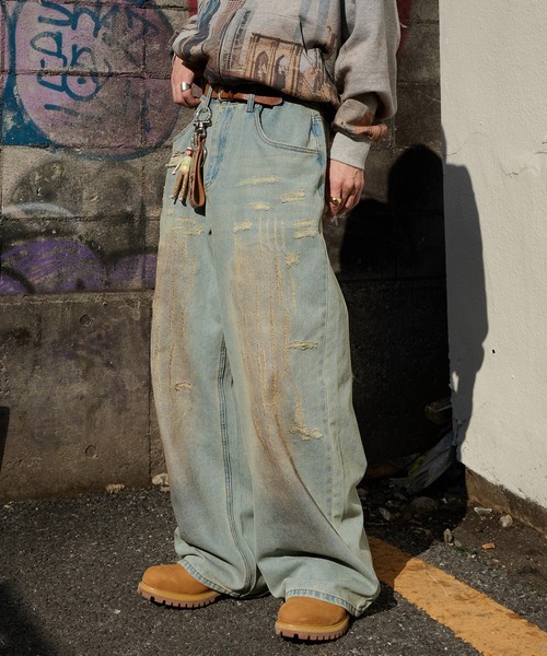 Perushu（ペルーシュ）の「vintage like mud damage denim　ビンテージライク泥加工ダメージデニム（デニムパンツ・メンズ・インディゴブルー/ライトブルー/ブラック・SMALL/MEDIUM/LARGE）」の5枚目の写真