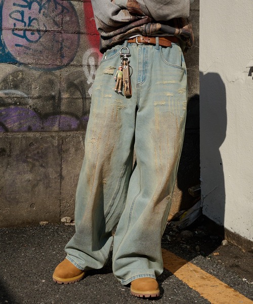 Perushu（ペルーシュ）の「vintage like mud damage denim　ビンテージライク泥加工ダメージデニム（デニムパンツ・メンズ・インディゴブルー/ライトブルー/ブラック・SMALL/MEDIUM/LARGE）」の4枚目の写真