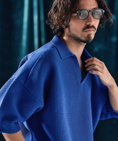 ANGENEHM（アンゲネーム）の「mhs2321-Skipper design airy yarn & mesh knitted polo shirt ニットポロシャツ（ポロシャツ・メンズ・ブラック/グレー/キナリ/ロイヤルブルー・S/M/L）」の4枚目の写真
