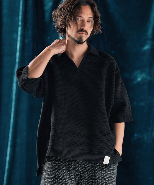ANGENEHM（アンゲネーム）の「mhs2321-Skipper design airy yarn & mesh knitted polo shirt ニットポロシャツ（ポロシャツ・メンズ・ブラック/グレー/キナリ/ロイヤルブルー・S/M/L）」の3枚目の写真