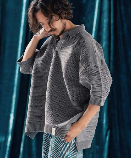ANGENEHM（アンゲネーム）の「mhs2321-Skipper design airy yarn & mesh knitted polo shirt ニットポロシャツ（ポロシャツ・メンズ・ブラック/グレー/キナリ/ロイヤルブルー・S/M/L）」の22枚目の写真