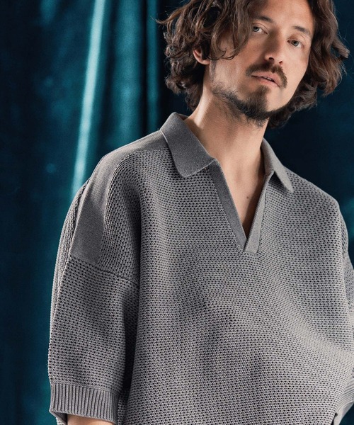 ANGENEHM（アンゲネーム）の「mhs2321-Skipper design airy yarn & mesh knitted polo shirt ニットポロシャツ（ポロシャツ・メンズ・ブラック/グレー/キナリ/ロイヤルブルー・S/M/L）」の21枚目の写真