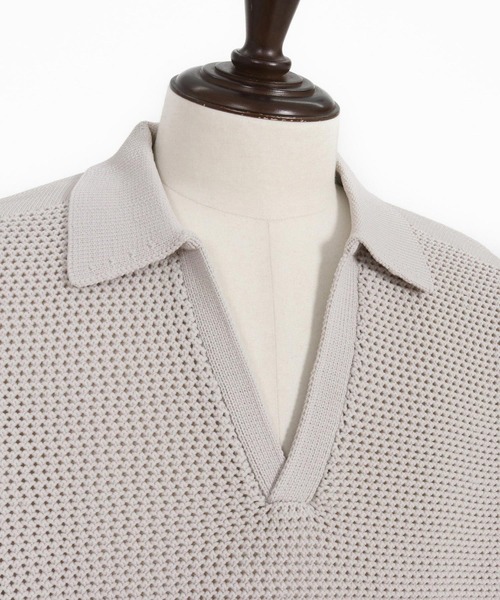 ANGENEHM（アンゲネーム）の「mhs2321-Skipper design airy yarn & mesh knitted polo shirt ニットポロシャツ（ポロシャツ・メンズ・ブラック/グレー/キナリ/ロイヤルブルー・S/M/L）」の8枚目の写真