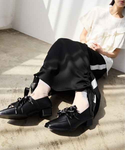 結びリボン ブラックローファー Shoes in Closet ローファー 軽量厚底 2段ソール ビッグ リボン