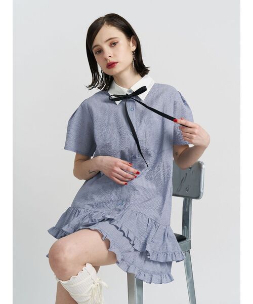 リボンタイヘムフリルチュニックシャツ リボンタイヘムフリルチュニックシャツ（ワンピース）｜jouetie