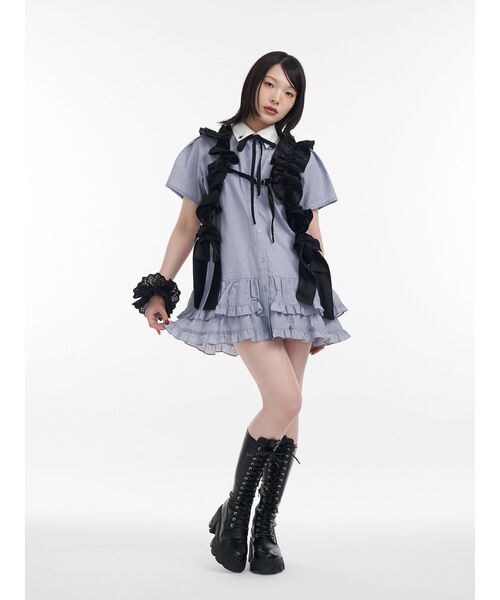 jouetie リボンタイヘムフリルチュニックシャツ ワンピース トップス リボンタイヘムフリルチュニックシャツ（シャツワンピース