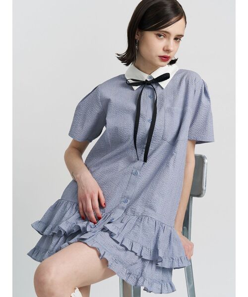 jouetie（ジュエティ）の「リボンタイヘムフリルチュニックシャツ（ワンピース・レディース・ブルー/オフホワイト/ピンク・MEDIUM）」の4枚目の写真