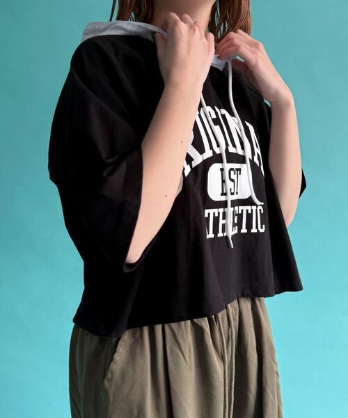 WOND(ウォンド)の「WOND/フーデッドバイカラーT(Tシャツ/カットソー・レディース・ブラック/グリーン・FREE)」の3枚目の写真