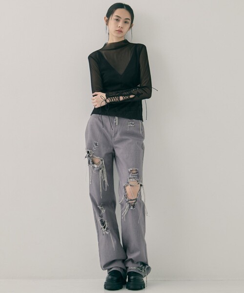 tanakadaisuke(タナカダイスケ)の「【tanakadaisuke/タナカダイスケ】lace up sleeve sheer tops/レースアップスリーブシアートップス(Tシャツ/カットソー・レディース・ブラック/ベージュ・FREE)」の3枚目の写真