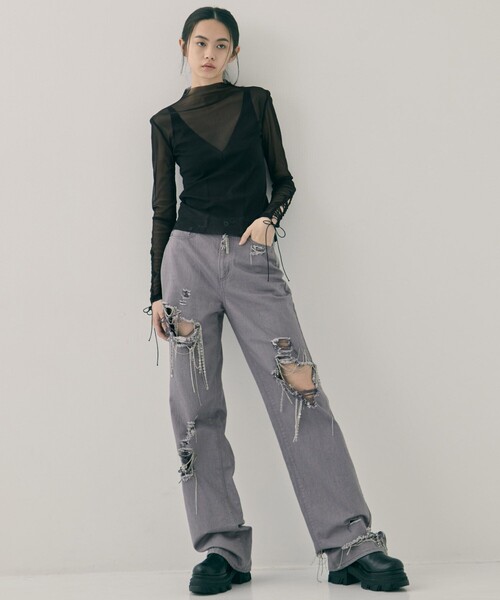 tanakadaisuke(タナカダイスケ)の「【tanakadaisuke/タナカダイスケ】lace up sleeve sheer tops/レースアップスリーブシアートップス(Tシャツ/カットソー・レディース・ブラック/ベージュ・FREE)」の4枚目の写真