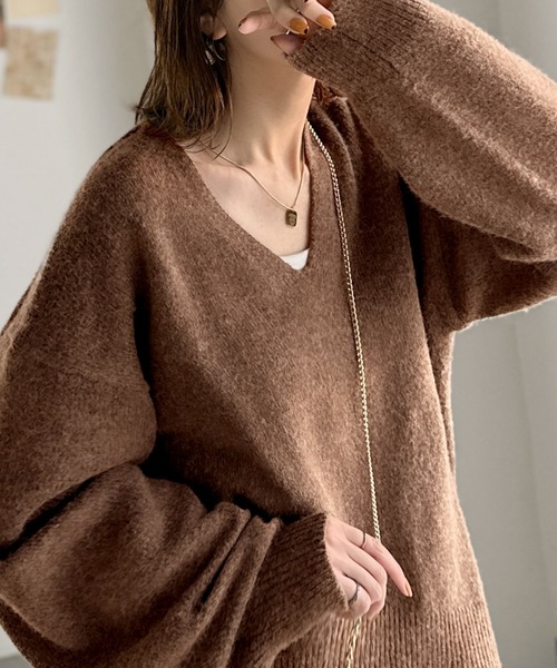 classicalelf（クラシカルエルフ）の「ふわっと軽やか◎メランジ調Vネックニットプルオーバー（長袖）（ニット/セーター・レディース・ベージュ/チャコール/イエロー/ブラウン/ブルーグレー/アイボリー・LARGE/MEDIUM/SMALL/X-LARGE）」の4枚目の写真