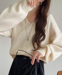 ふわっと軽やか◎メランジ調Vネックニットプルオーバー(長袖)