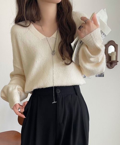 classicalelf（クラシカルエルフ）の「ふわっと軽やか◎メランジ調Vネックニットプルオーバー（長袖）（ニット/セーター・レディース・ベージュ/チャコール/イエロー/ブラウン/ブルーグレー/アイボリー・LARGE/MEDIUM/SMALL/X-LARGE）」の20枚目の写真