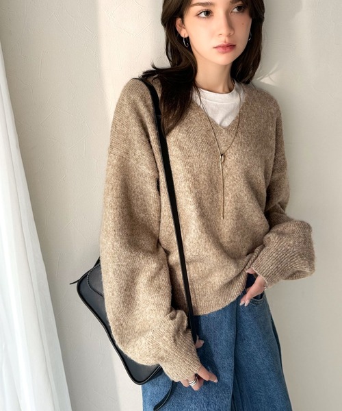 セール】ふわっと軽やか◎メランジ調Vネックニットプルオーバー（長袖