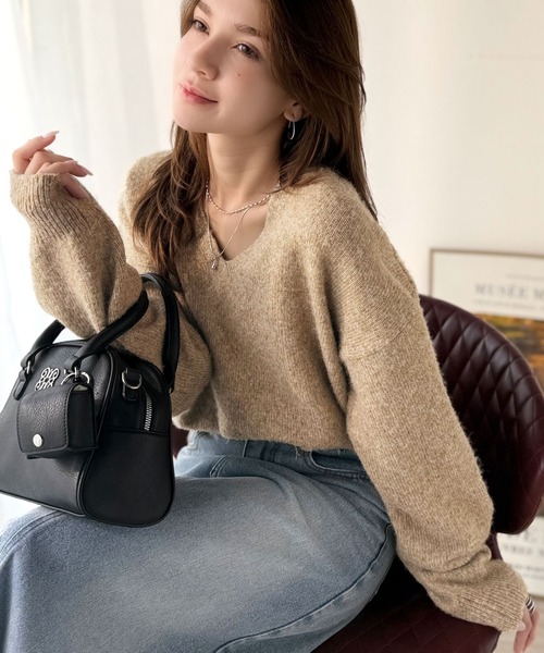 セール】ふわっと軽やか◎メランジ調Vネックニットプルオーバー（長袖