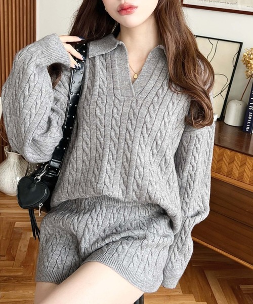 セール】<セットアップ>ケーブル編みポロ&ショートパンツセットアップ