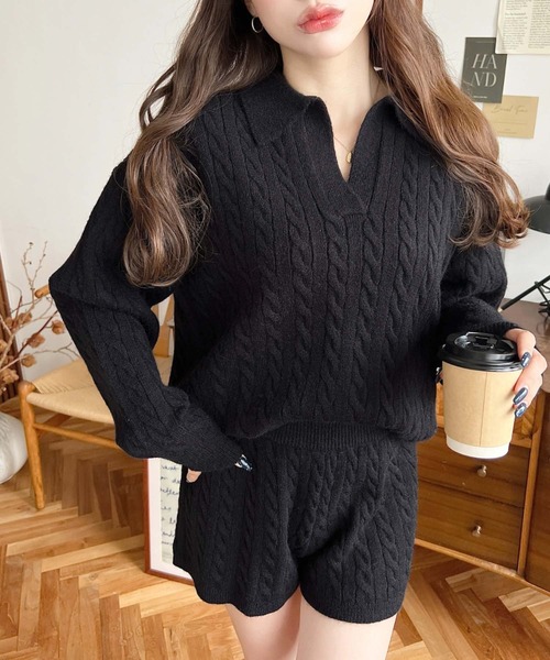moment+（モーメントプラス）の「<セットアップ>ケーブル編みポロ&ショートパンツセットアップニット（ワンピース・レディース・チャコールグレー/グレー/ブラック/ブラウン・M）」の2枚目の写真