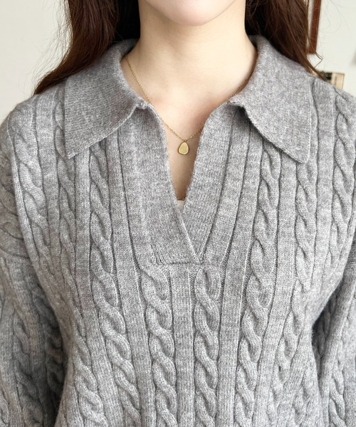 moment+（モーメントプラス）の「<セットアップ>ケーブル編みポロ&ショートパンツセットアップニット（ワンピース・レディース・チャコールグレー/グレー/ブラック/ブラウン・M）」の18枚目の写真