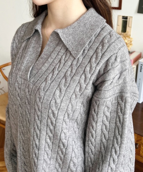 moment+（モーメントプラス）の「<セットアップ>ケーブル編みポロ&ショートパンツセットアップニット（ワンピース・レディース・チャコールグレー/グレー/ブラック/ブラウン・M）」の19枚目の写真