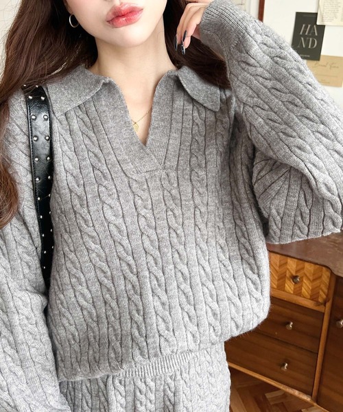 moment+（モーメントプラス）の「<セットアップ>ケーブル編みポロ&ショートパンツセットアップニット（ワンピース・レディース・チャコールグレー/グレー/ブラック/ブラウン・M）」の16枚目の写真