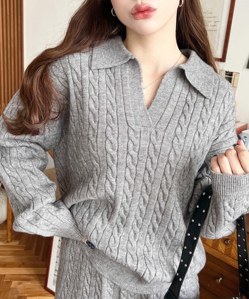 moment+（モーメントプラス）の「<セットアップ>ケーブル編みポロ&ショートパンツセットアップニット（ワンピース・レディース・チャコールグレー/グレー/ブラック/ブラウン・M）」の15枚目の写真