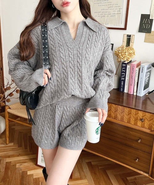 moment+（モーメントプラス）の「<セットアップ>ケーブル編みポロ&ショートパンツセットアップニット（ワンピース・レディース・チャコールグレー/グレー/ブラック/ブラウン・M）」の13枚目の写真