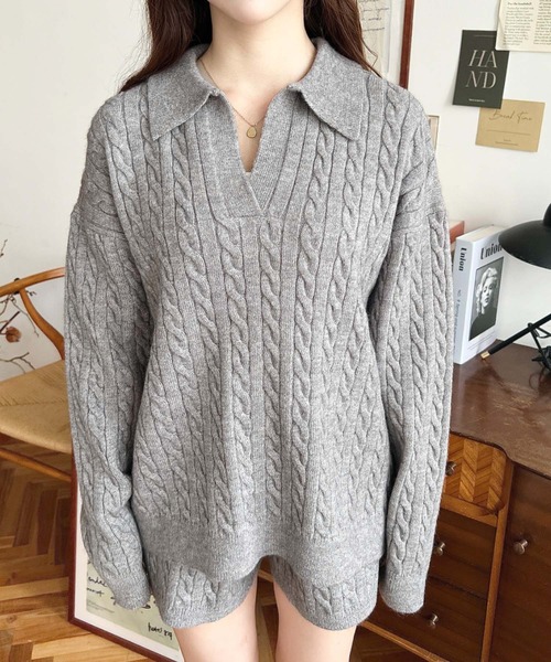 moment+（モーメントプラス）の「<セットアップ>ケーブル編みポロ&ショートパンツセットアップニット（ワンピース・レディース・チャコールグレー/グレー/ブラック/ブラウン・M）」の17枚目の写真