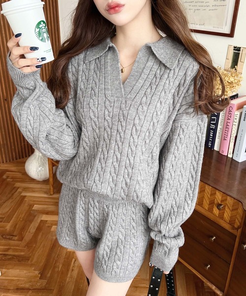 セール】<セットアップ>ケーブル編みポロ&ショートパンツセットアップ