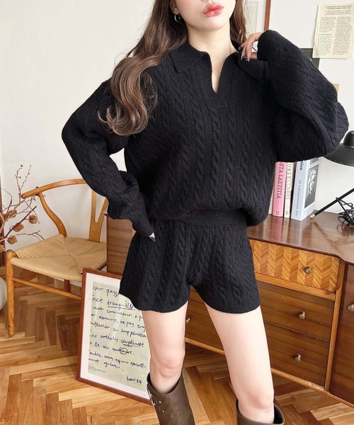 moment+（モーメントプラス）の「<セットアップ>ケーブル編みポロ&ショートパンツセットアップニット（ワンピース・レディース・チャコールグレー/グレー/ブラック/ブラウン・M）」の7枚目の写真