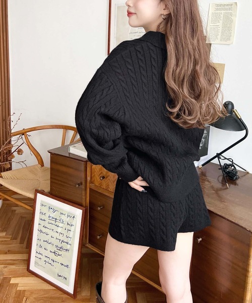 moment+（モーメントプラス）の「<セットアップ>ケーブル編みポロ&ショートパンツセットアップニット（ワンピース・レディース・チャコールグレー/グレー/ブラック/ブラウン・M）」の9枚目の写真