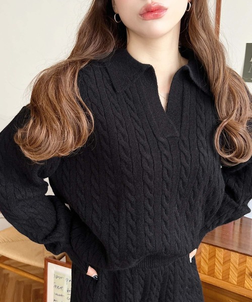 moment+（モーメントプラス）の「<セットアップ>ケーブル編みポロ&ショートパンツセットアップニット（ワンピース・レディース・チャコールグレー/グレー/ブラック/ブラウン・M）」の10枚目の写真