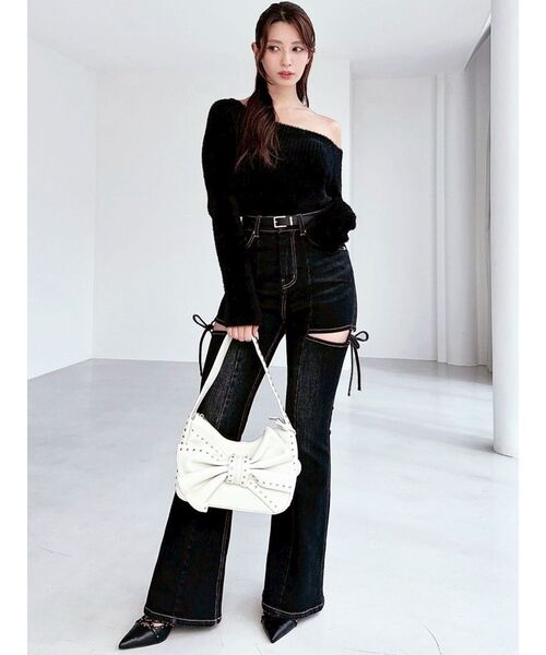 RESEXXYカットアウトリボンデニムパンツ　ブラック　M リゼクシー セール】【追加生産分】カットアウトリボンデニムパンツ（デニムパンツ