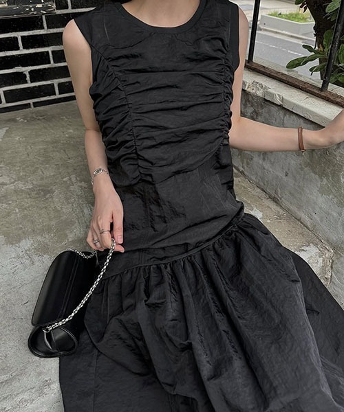 セール】panel gather asymmetry nylon no sleeve OP