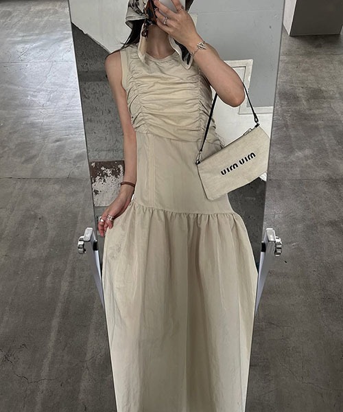 panel gather asymmetry nylon no sleeve OP（ワンピース
