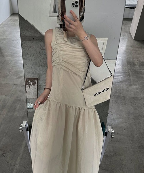 panel gather asymmetry nylon no sleeve OP（ワンピース