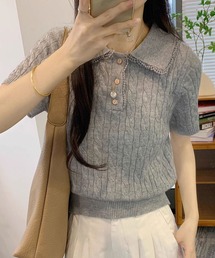 ケーブルポロカラー半袖ニット