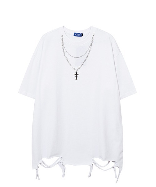 B'day（ビーデイ）の「【 B'day / ビーデー 】ヴィンテージ加工ダメージフリンジネックレス付きTシャツ（Tシャツ/カットソー・メンズ・ブラック/ホワイト・MEDIUM/LARGE/X-LARGE）」の2枚目の写真
