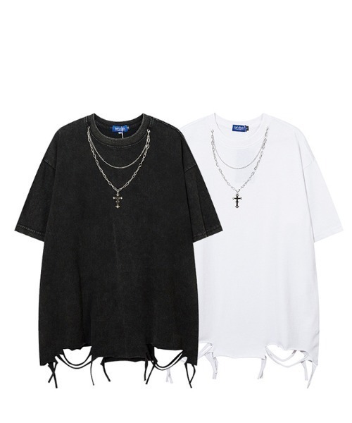 B'day（ビーデイ）の「【 B'day / ビーデー 】ヴィンテージ加工ダメージフリンジネックレス付きTシャツ（Tシャツ/カットソー・メンズ・ブラック/ホワイト・MEDIUM/LARGE/X-LARGE）」の3枚目の写真