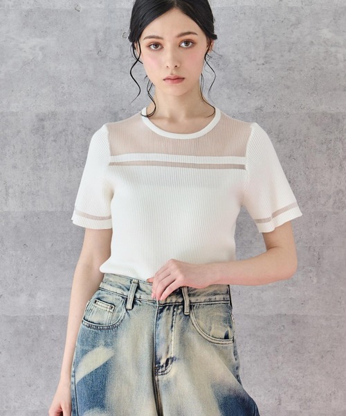 ANAP（アナップ）の「シアー 切り替え 半袖 ニット トップス（ニット/セーター・レディース・オフホワイト/ライム/ブラック・FREE）」の2枚目の写真
