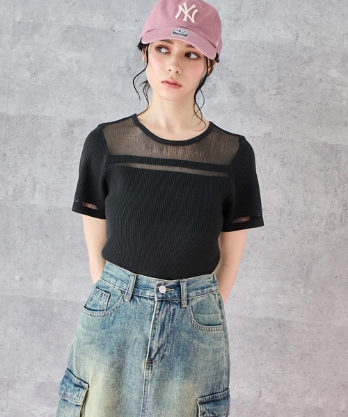 ANAP（アナップ）の「シアー 切り替え 半袖 ニット トップス（ニット/セーター・レディース・オフホワイト/ライム/ブラック・FREE）」の18枚目の写真