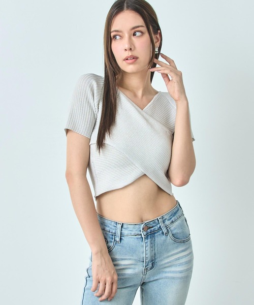 セール】ラメ クロップド 2WAY クロス デザイン ニット トップス