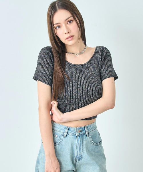 ネイビーとホワイトのクロップドトップス クロップド」に該当するトップス（ブルー・ネイビー/青色系