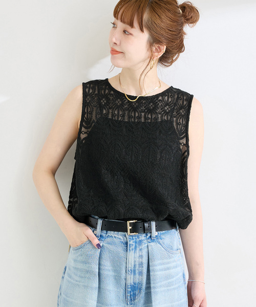 B.C STOCK(ベーセーストック)の「【WEB限定】手洗い可 / 総レースノースリーブブラウス(シャツ/ブラウス・レディース・アイボリー/ブラック・FREE)」の2枚目の写真