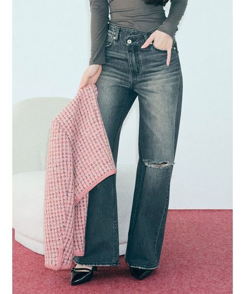 セール】ステップウエストワイドデニムパンツ（デニムパンツ