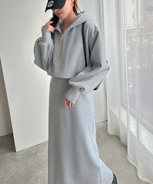 GeeRA（ジーラ）の「<裏起毛>セットアップ風ハーフジップスウェットドッキングワンピース（ワンピース・レディース・杢グレー/ブラック・MEDIUM/LARGE）」の11枚目の写真